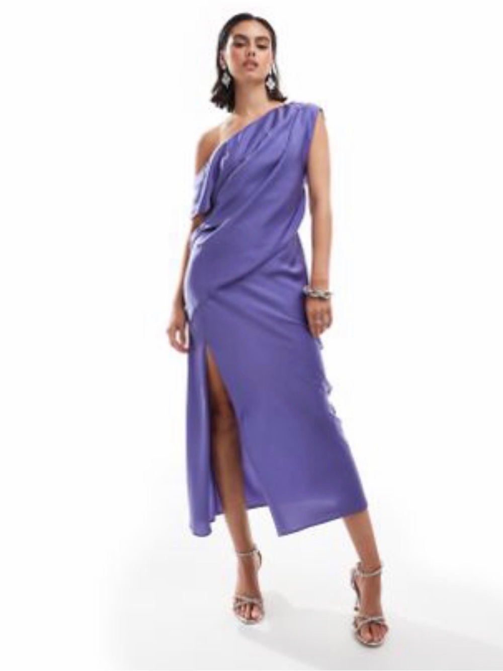 One-Shoulder Purple Midi Dress with Front Slit